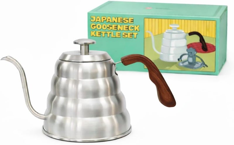 Japanese Gooseneck Kettle Stovetop with Thermometer and Insulated Handle (4-piece, 40.6 oz /1200ml), Stainless Steel Pour Over Tea Kettle Stovetop, Precision Pour Kettles Pot for Coffee & Tea (Silver)